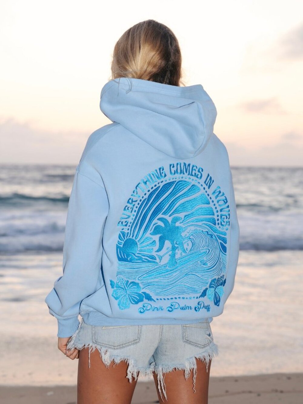 NEW Pink Palm Puff Everything Comes in Waves Hoodie in Blue choose size